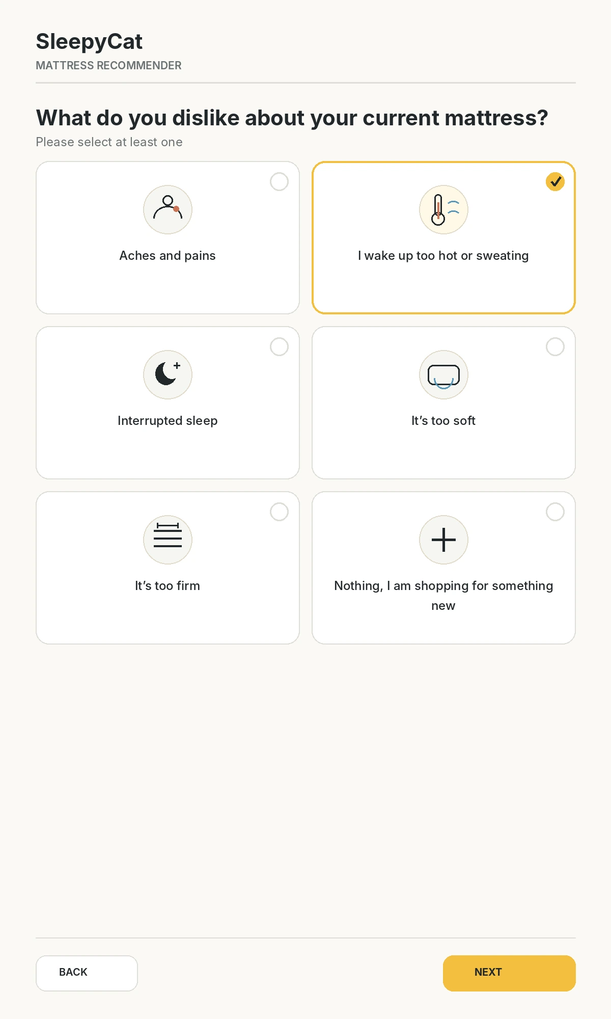 Concept UI recreation of the Mattress Recommender question: What do you dislike about your current mattress?