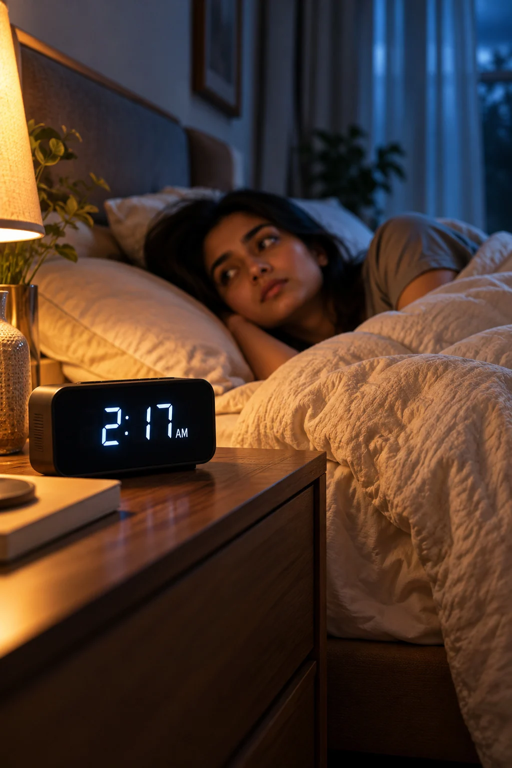 Bedside clock reading 2:17 AM with the creator awake behind it