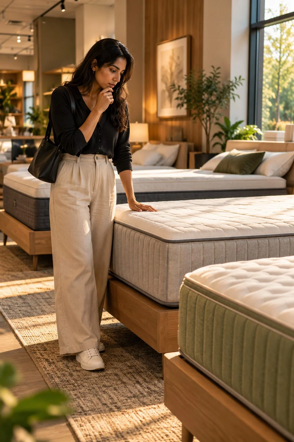 A thoughtful shopper resting a hand on one of several mattresses in a showroom