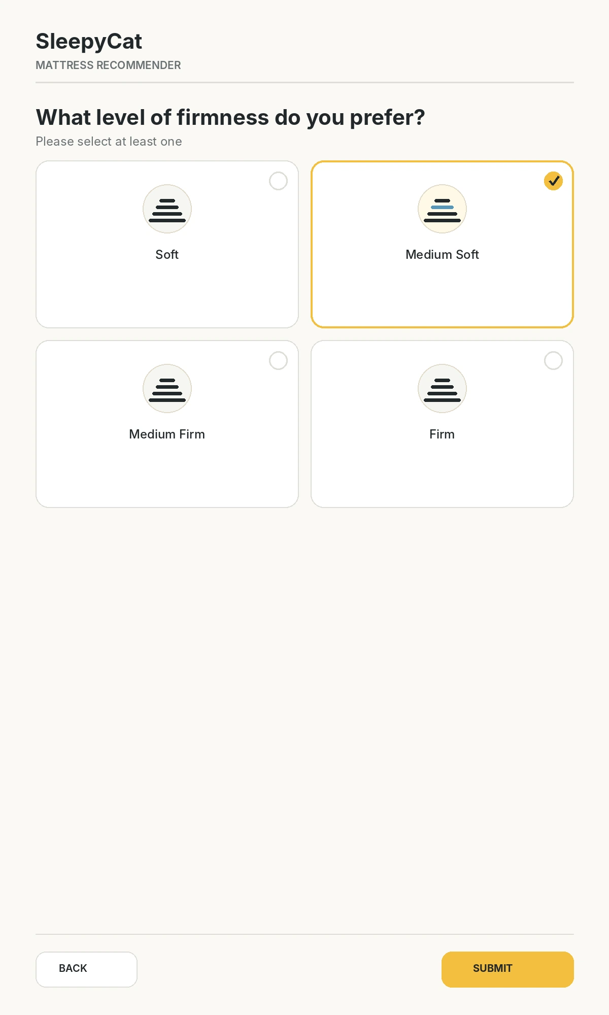 Concept UI recreation of the Mattress Recommender question: What level of firmness do you prefer?