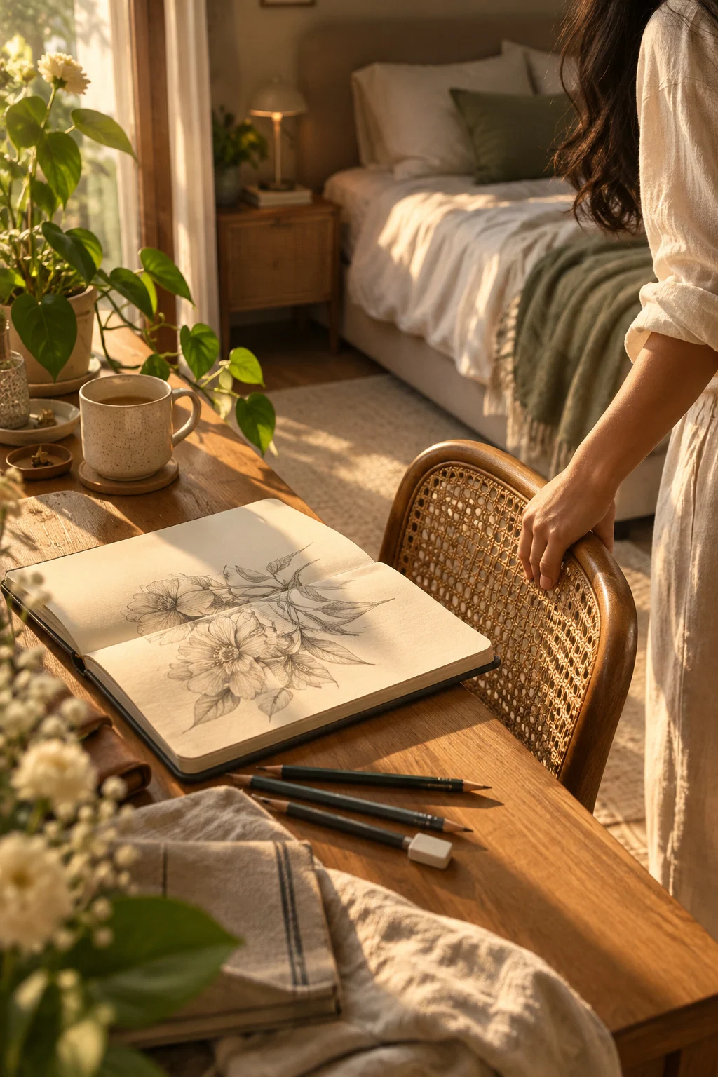 Morning light across an open botanical sketchbook and three pencils on a wooden table, with a woman in a linen dress holding the back of a cane chair; a made bed is visible behind her.