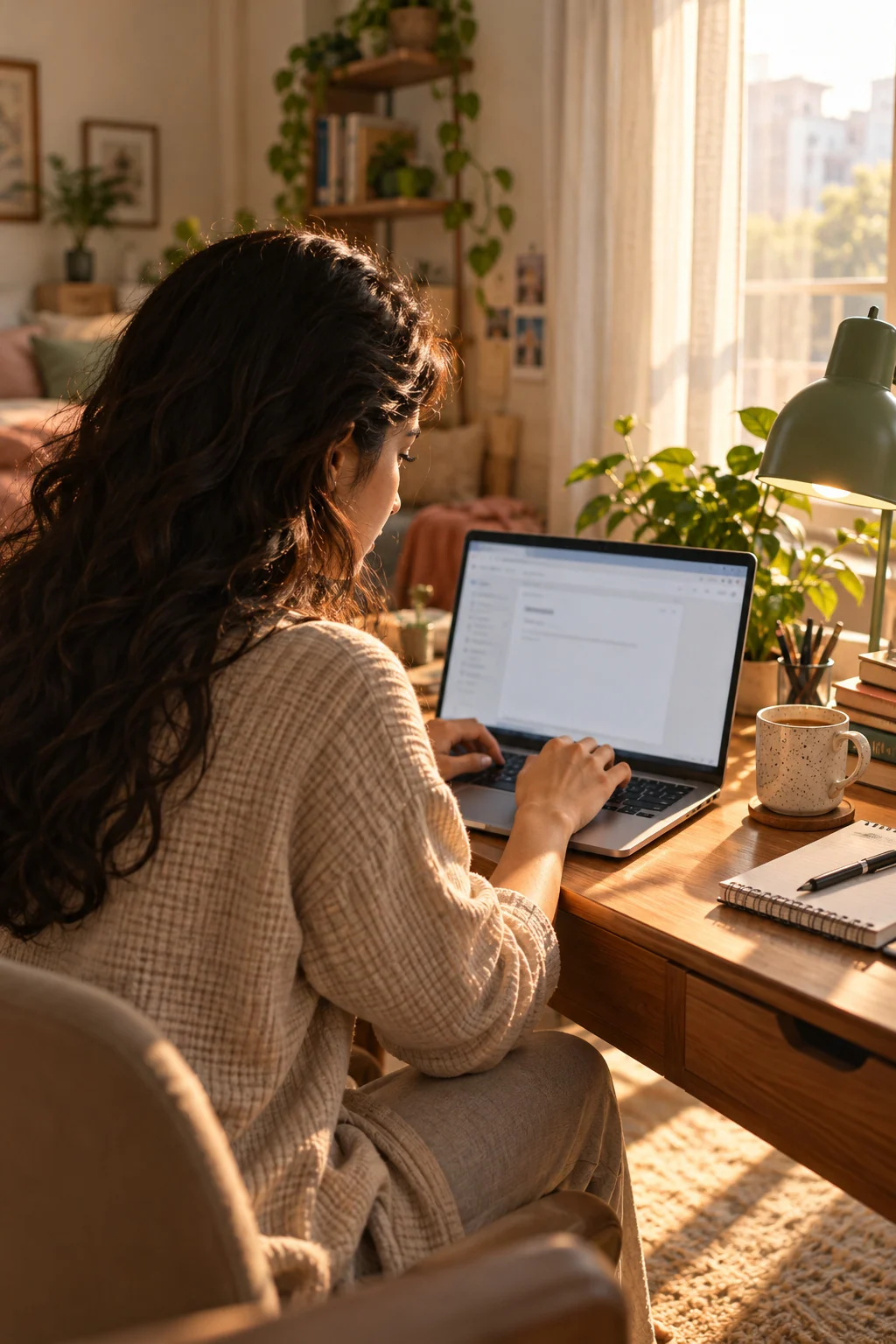 Over-the-shoulder view of the creator typing on a laptop with unreadable fictional text