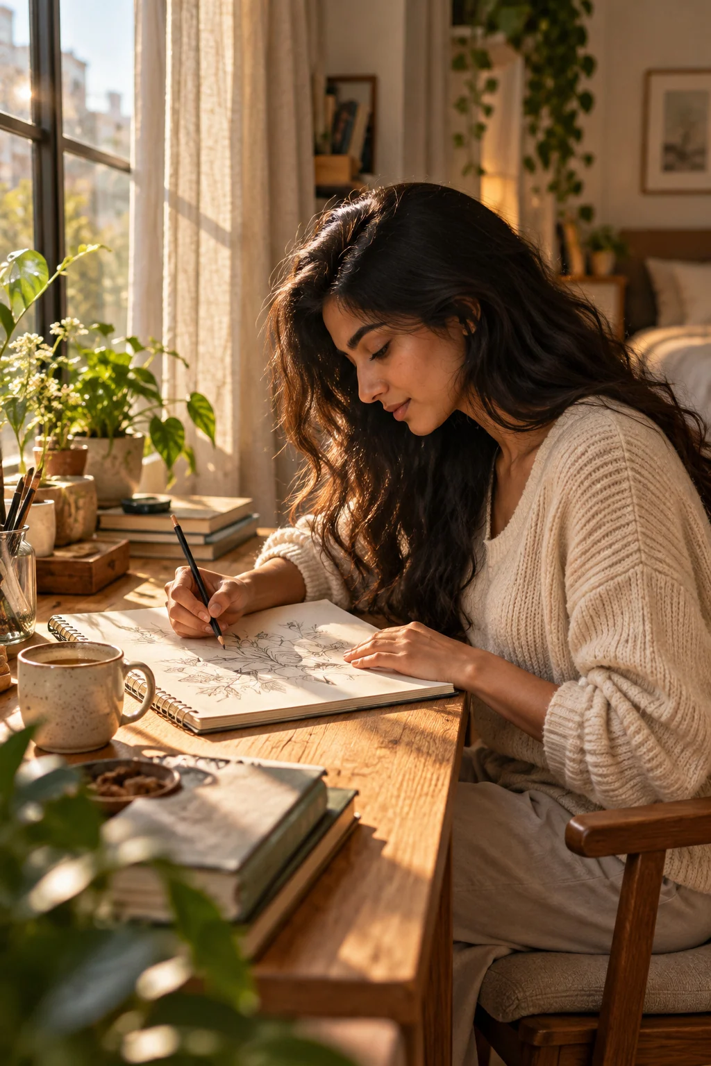 A woman in a cream knit cardigan sketching in a spiral sketchbook at a sunlit wooden desk beside a window, with plants, a mug and a pencil jar.