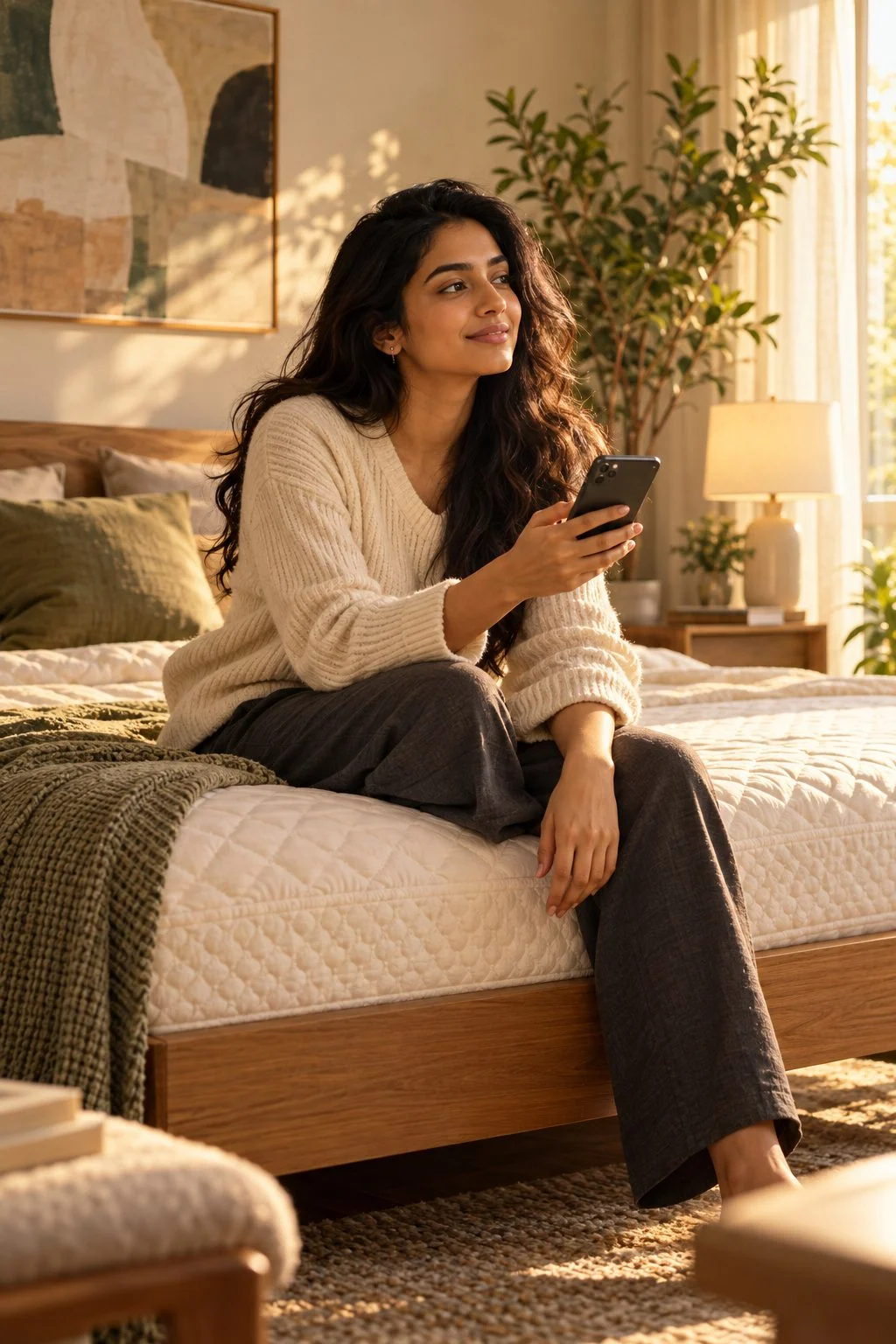 A creator seated on a bed in a sunlit bedroom holding a phone