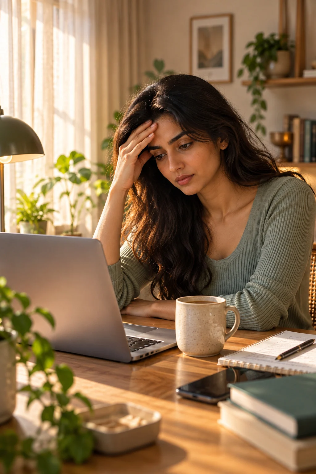 Creator at a desk with a laptop and mug, hand on forehead