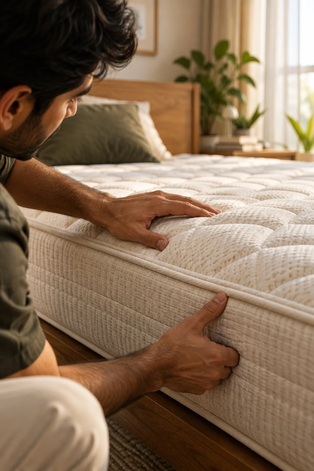 Close inspection of a quilted cream mattress: one hand presses the top surface, the other grips the side edge