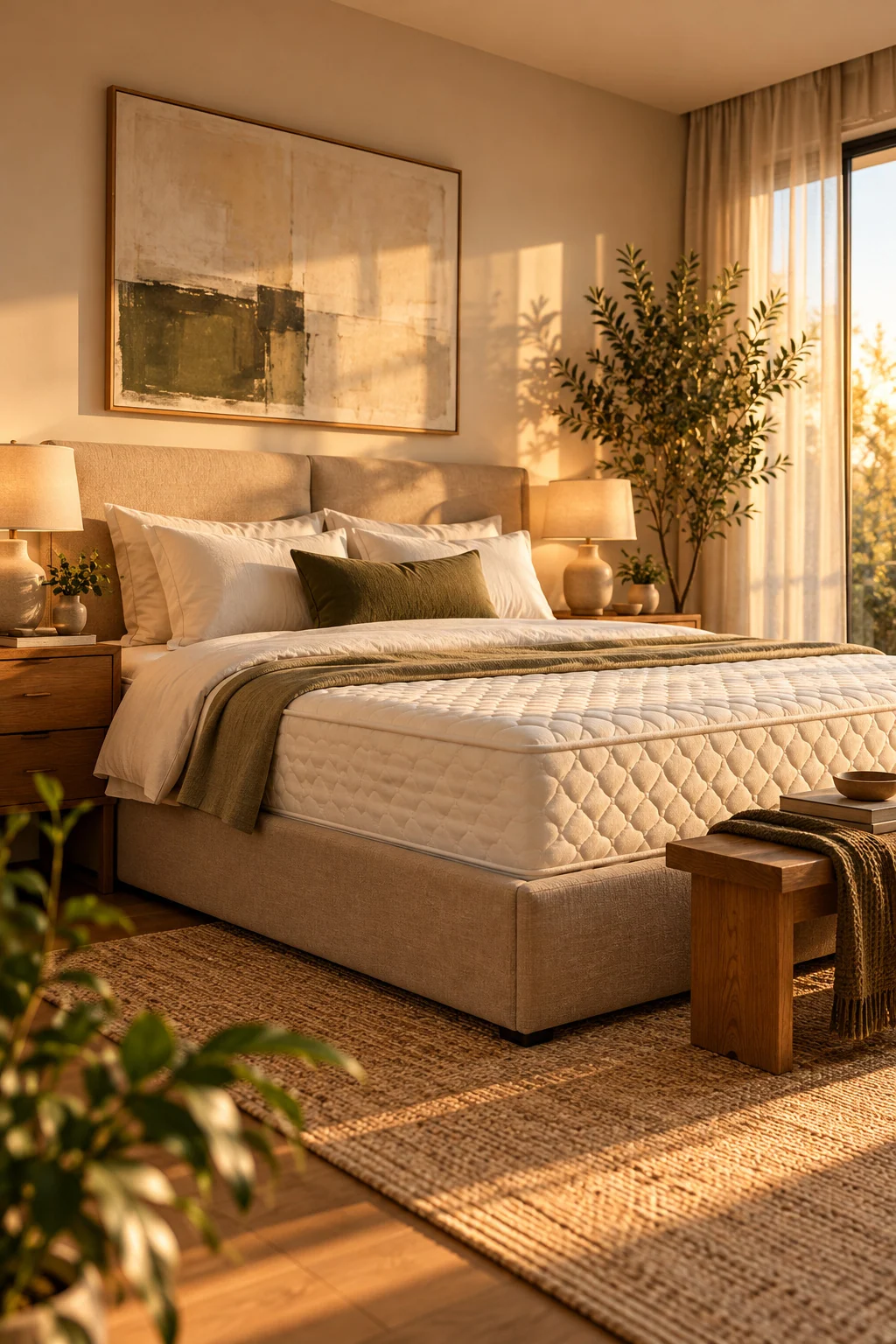 A calm golden-hour bedroom with a quilted mattress on an upholstered bed, olive and cream bedding, an abstract painting, an olive tree by a sheer-curtained window and a woven jute rug.