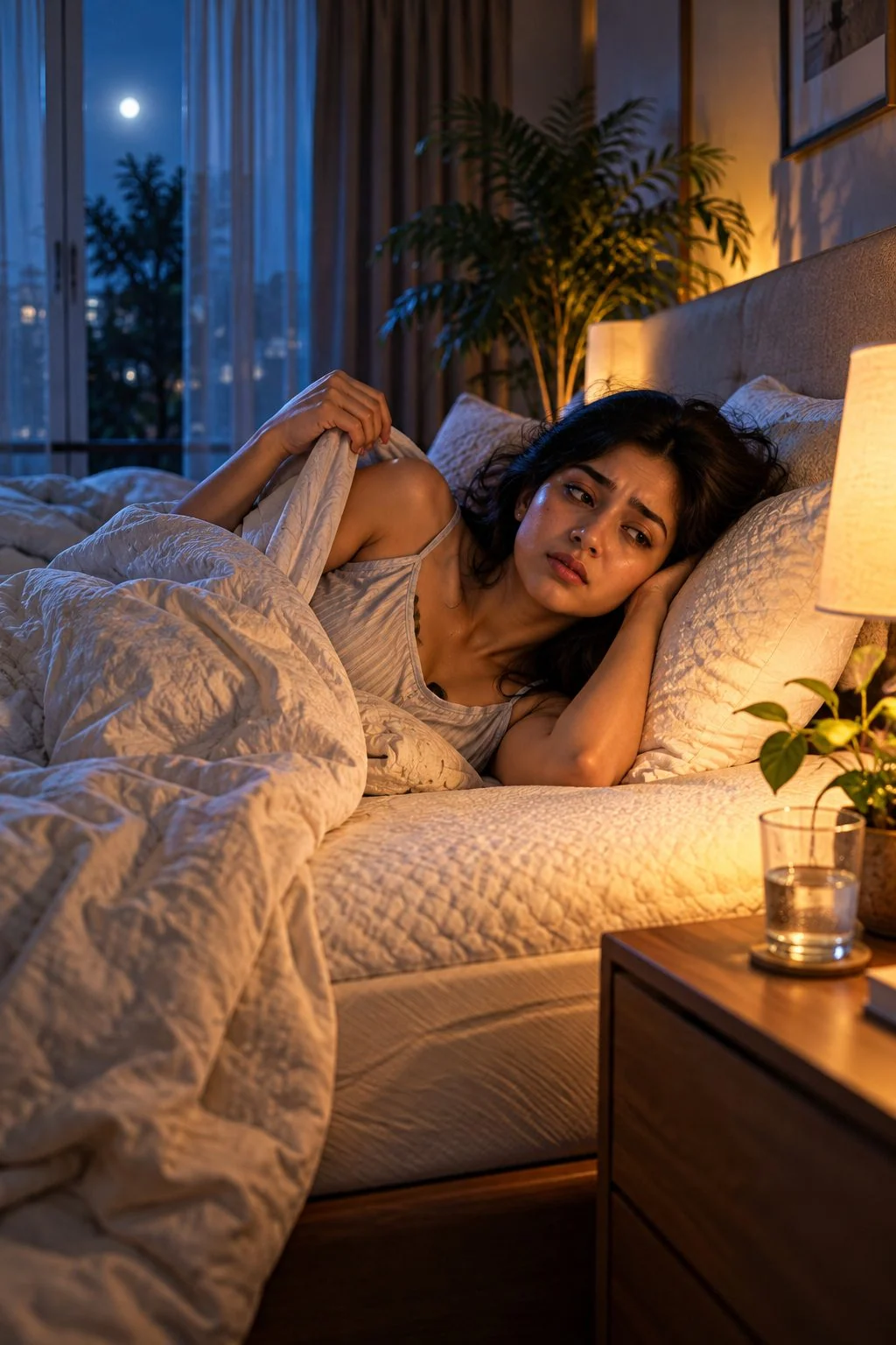 A woman awake at night, pulling the blanket away, looking warm and restless