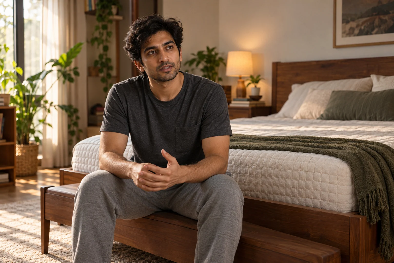Wide view of a man seated on a bench at the foot of a bed with a cream quilted mattress, in a warm bedroom