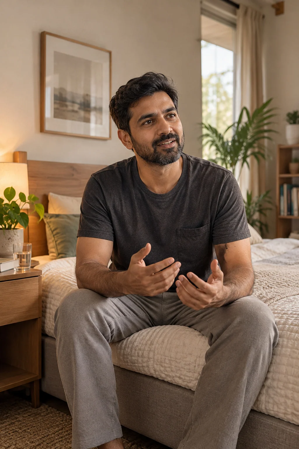 A man sits on a wooden bench at the foot of a bed in a warm, plant-filled bedroom, looking off to one side as if answering a question