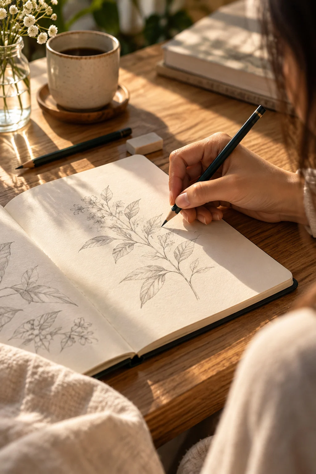 Close-up of a hand drawing a botanical sprig in pencil in an open sketchbook on a sunlit oak table, with a speckled mug, an eraser and a small vase of white flowers.