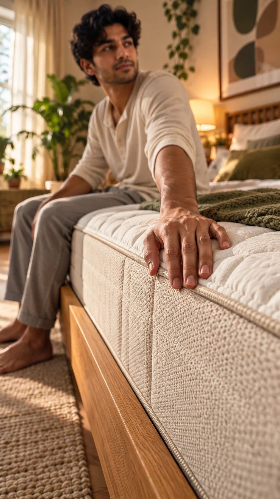 A man sits barefoot on the edge of a bed, one hand resting on the cream mattress, in a warm, plant-filled bedroom