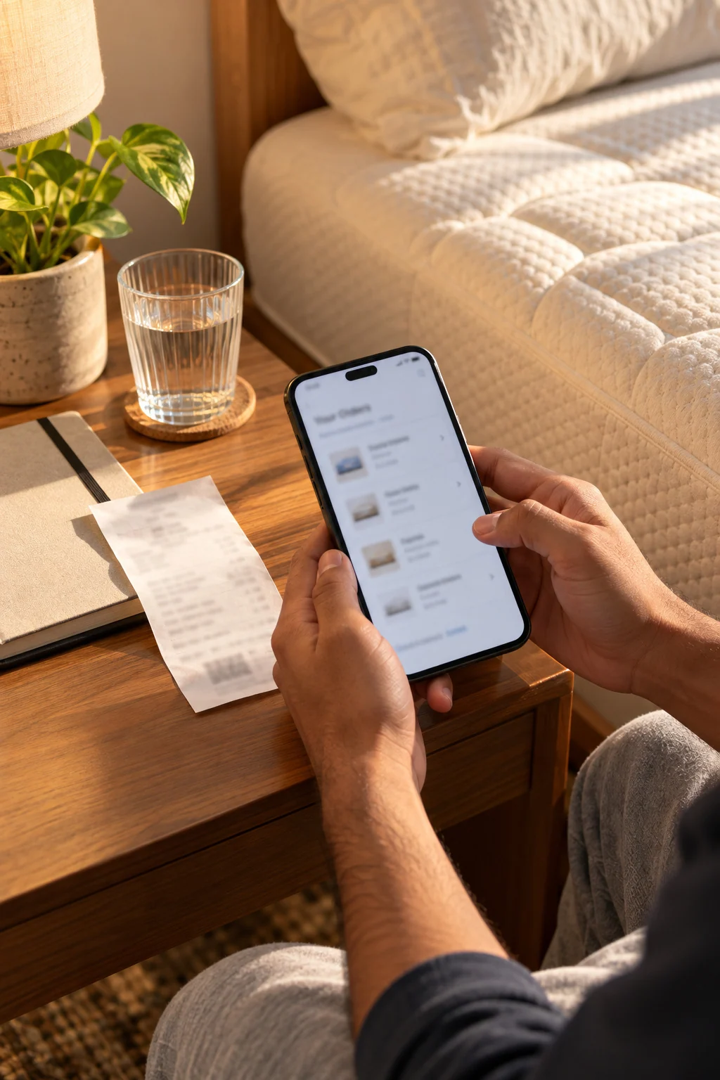 Hands hold a phone showing a blurred order list, with a paper receipt on a wooden bedside table next to a cream mattress