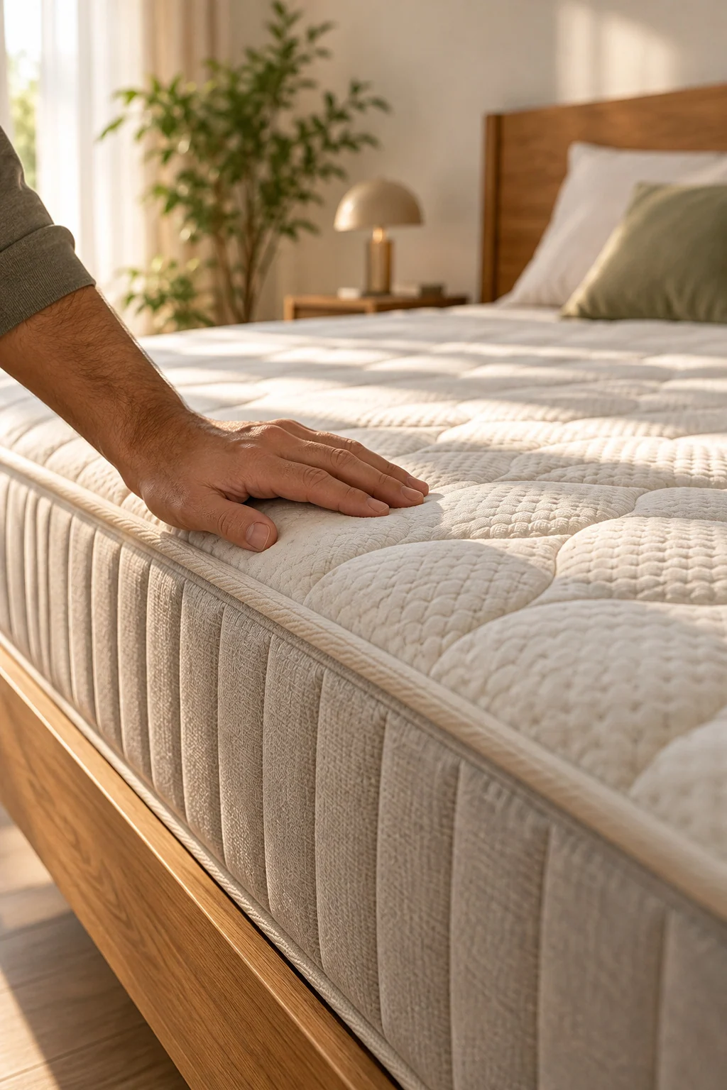 Soft, quiet close view of a quilted cream mattress edge with a hand resting on it, used as a background