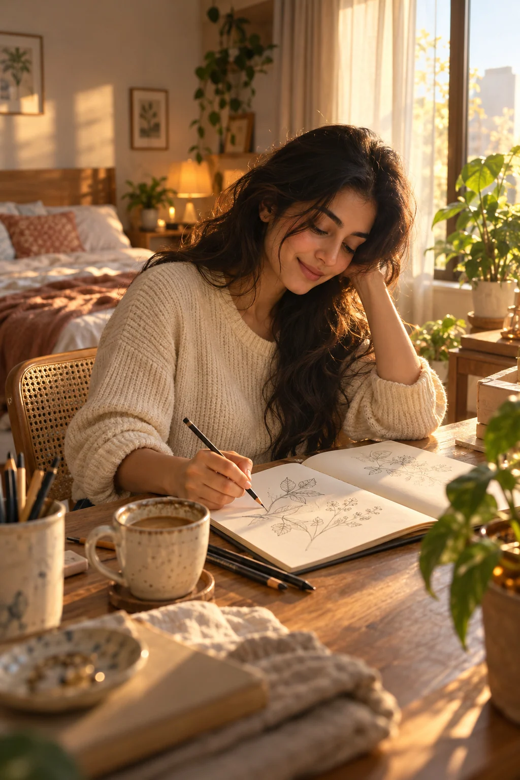 A smiling woman in a cream knit cardigan rests her cheek on her hand while sketching botanical leaves in an open sketchbook, in warm window light with a bed visible behind her.