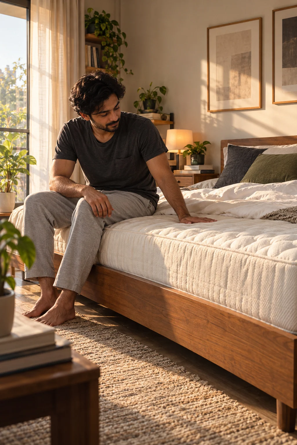 A man sits on the edge of a bed in a lived-in, plant-filled bedroom, one hand resting on a cream quilted mattress